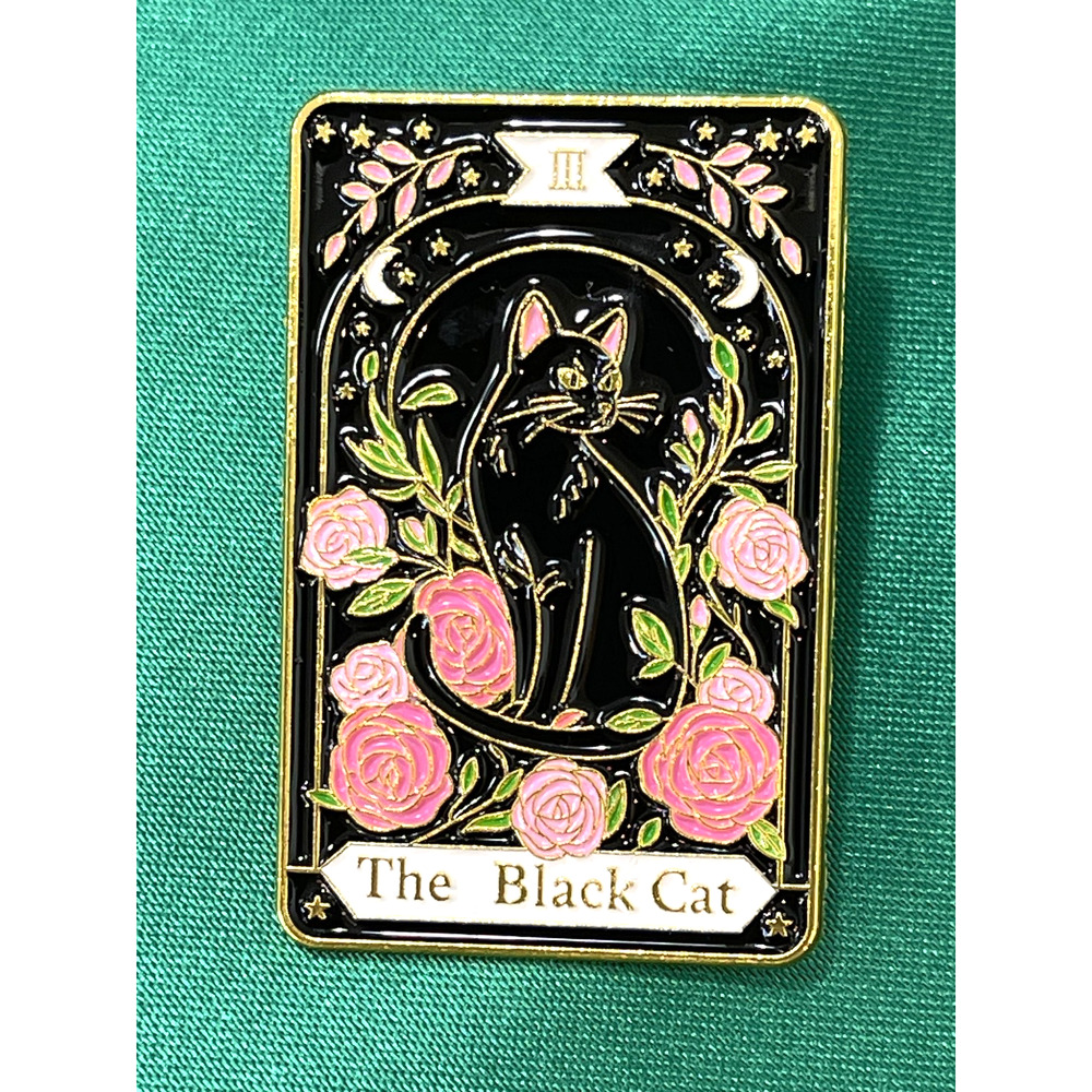 NWOT Black Cat Tarot Card Enamel Lapel Pin Brooch Pink Roses Gold Toned